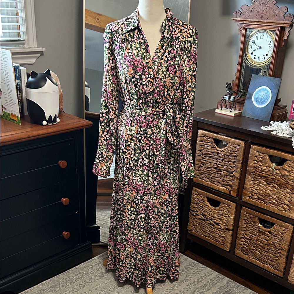 H&M Floral Maxi Dress Size Medium Long Sleeve Tie Waist NWT